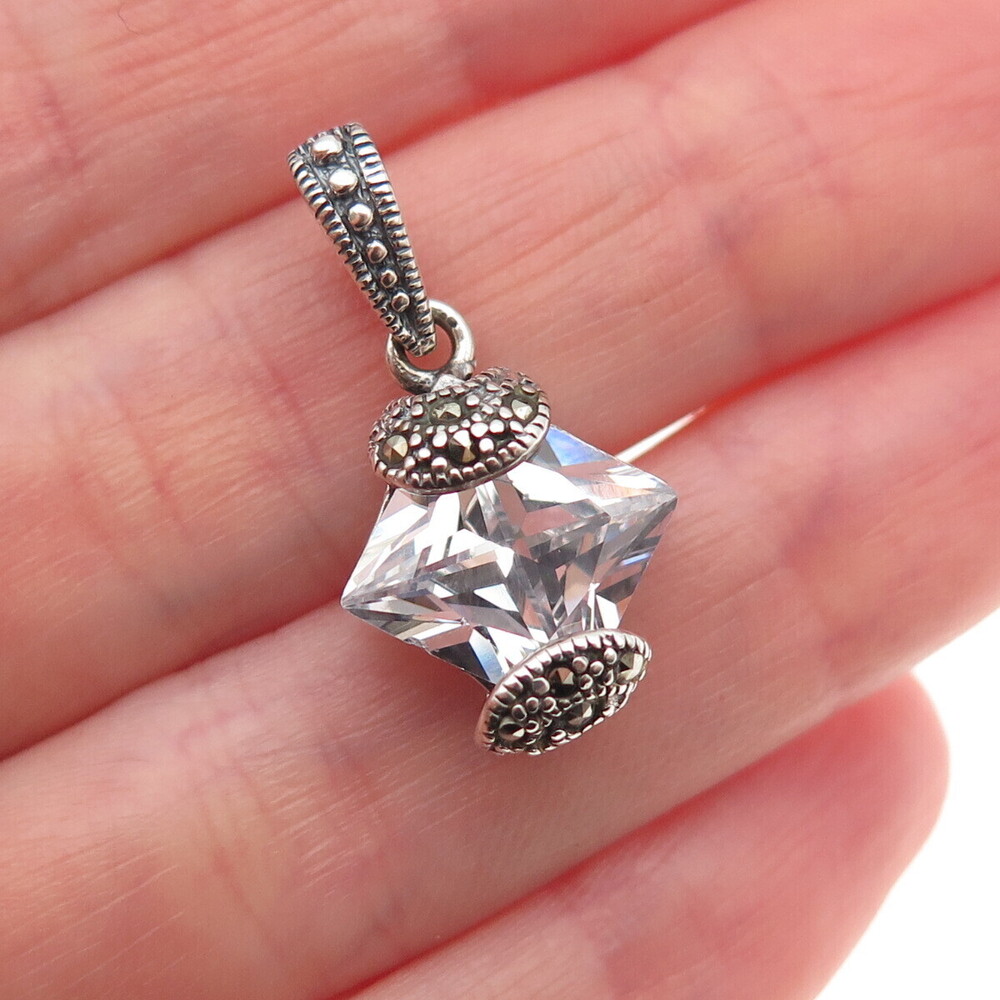 925 Sterling Silver Vintage Real Marcasite & C Z Oxidized Charm Pendant